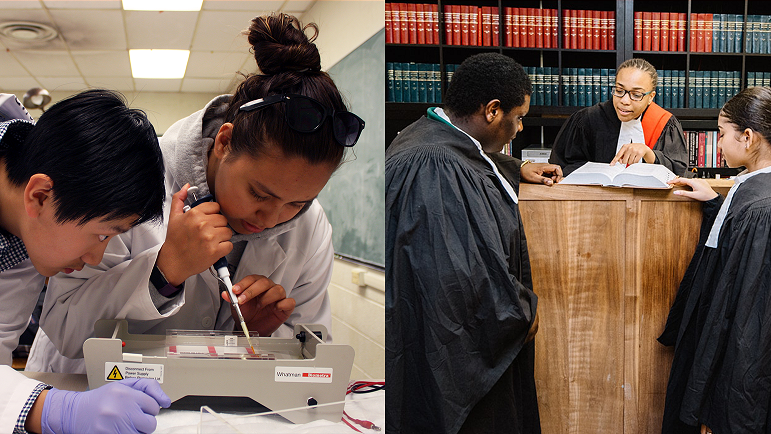 Left side, two students working with pipettors. Right side three students in a mock trial